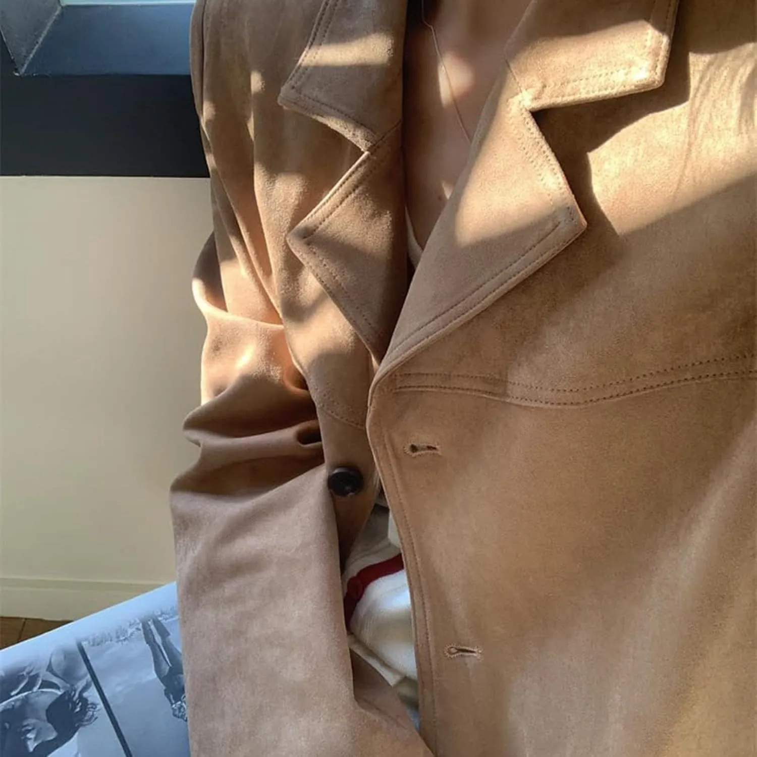 Brown Suede Jacket Women, Y2K Faux Suede Blazer Coat Vintage Aesthetics Oversized Outerwear