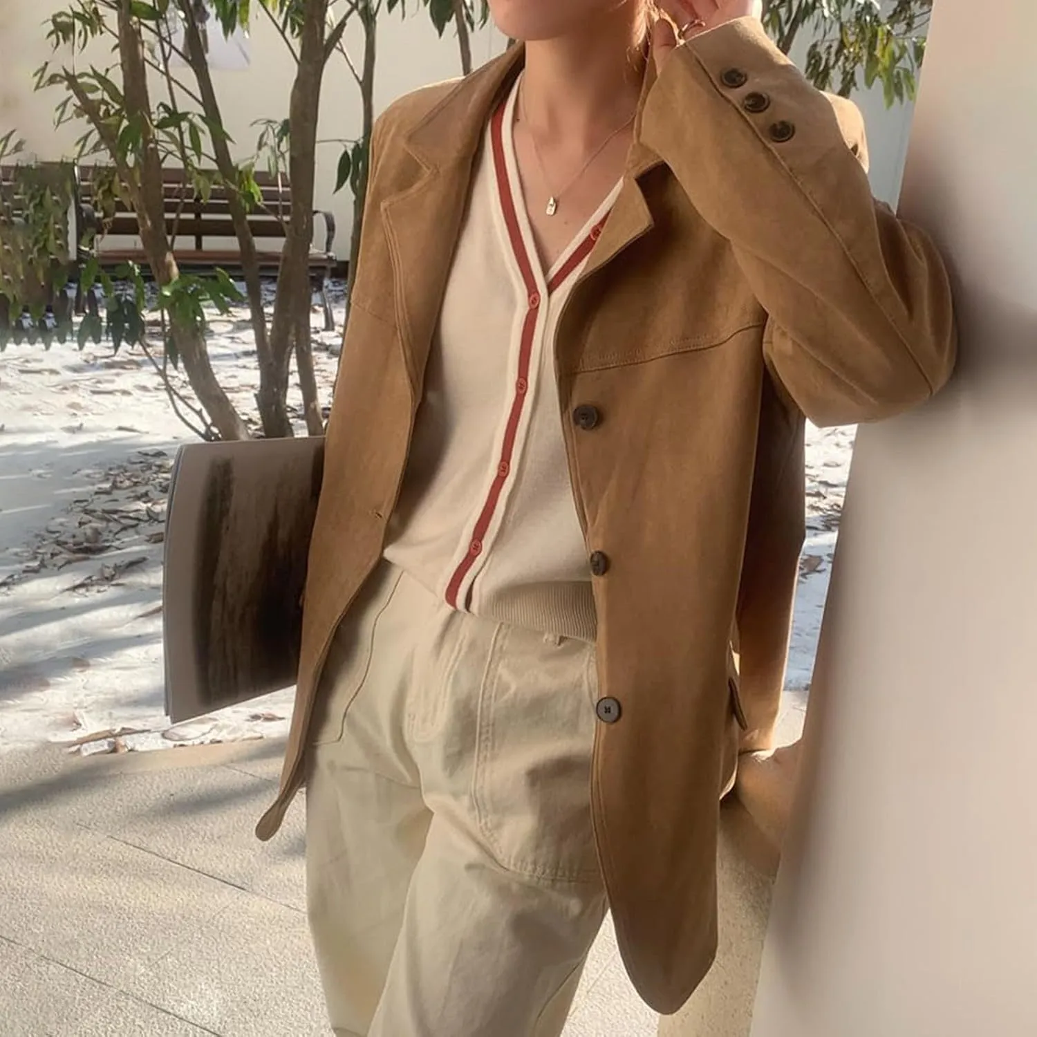 Brown Suede Jacket Women, Y2K Faux Suede Blazer Coat Vintage Aesthetics Oversized Outerwear