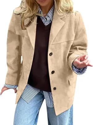Brown Suede Jacket Women, Y2K Faux Suede Blazer Coat Vintage Aesthetics Oversized Outerwear