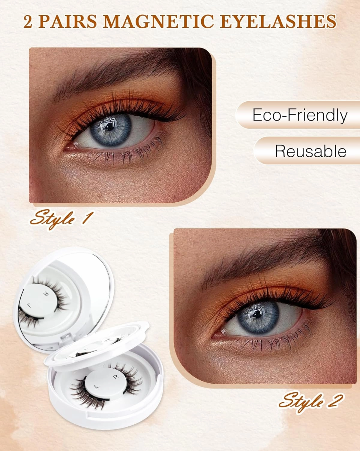 Brown Natural Look Magnetic Eyelashes Kit 2 Pairs Reusable Double Sided Magnetic Lashes With Applicator and Mirror, No Glue Needed Strip Lashes (Manga Look 8-12mm)