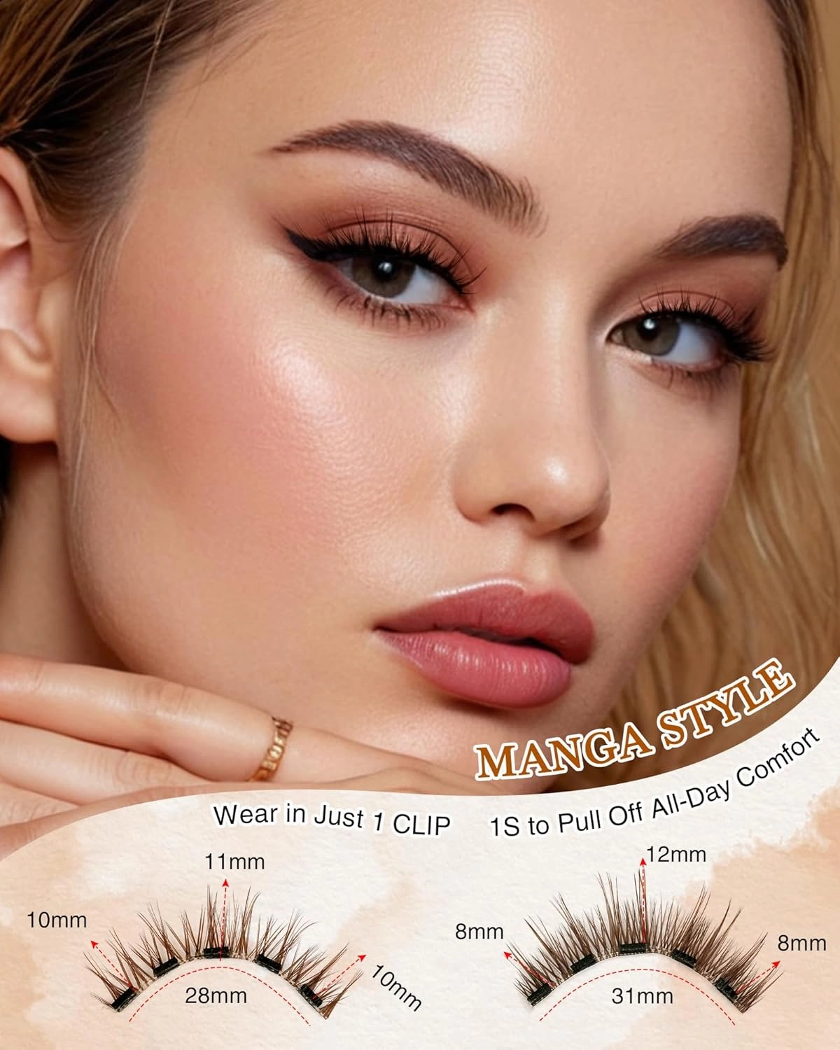 Brown Natural Look Magnetic Eyelashes Kit 2 Pairs Reusable Double Sided Magnetic Lashes With Applicator and Mirror, No Glue Needed Strip Lashes (Manga Look 8-12mm)