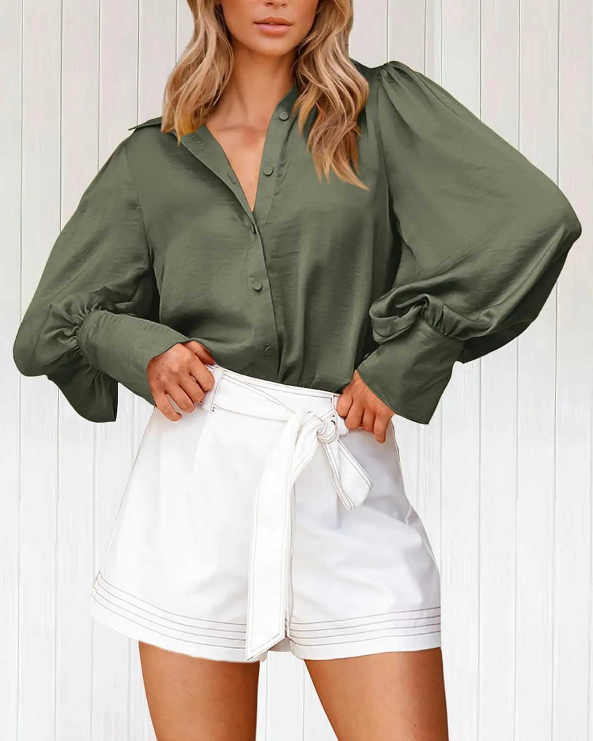BTFBM Women Satin Button Down Shirts Summer Spring Lantern Long Sleeve Lapel V Neck Blouse Loose Casual Office Work Tops