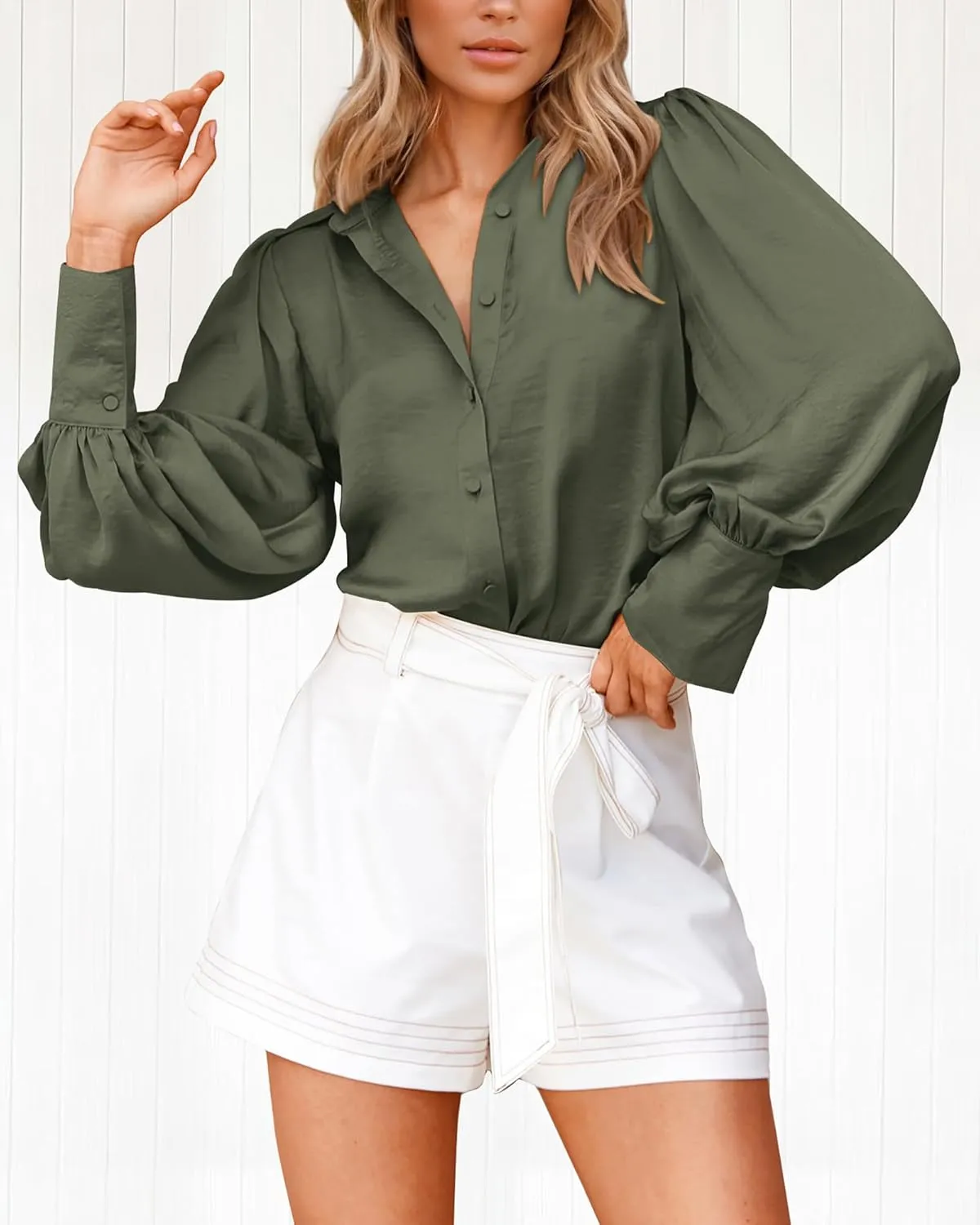 BTFBM Women Satin Button Down Shirts Summer Spring Lantern Long Sleeve Lapel V Neck Blouse Loose Casual Office Work Tops