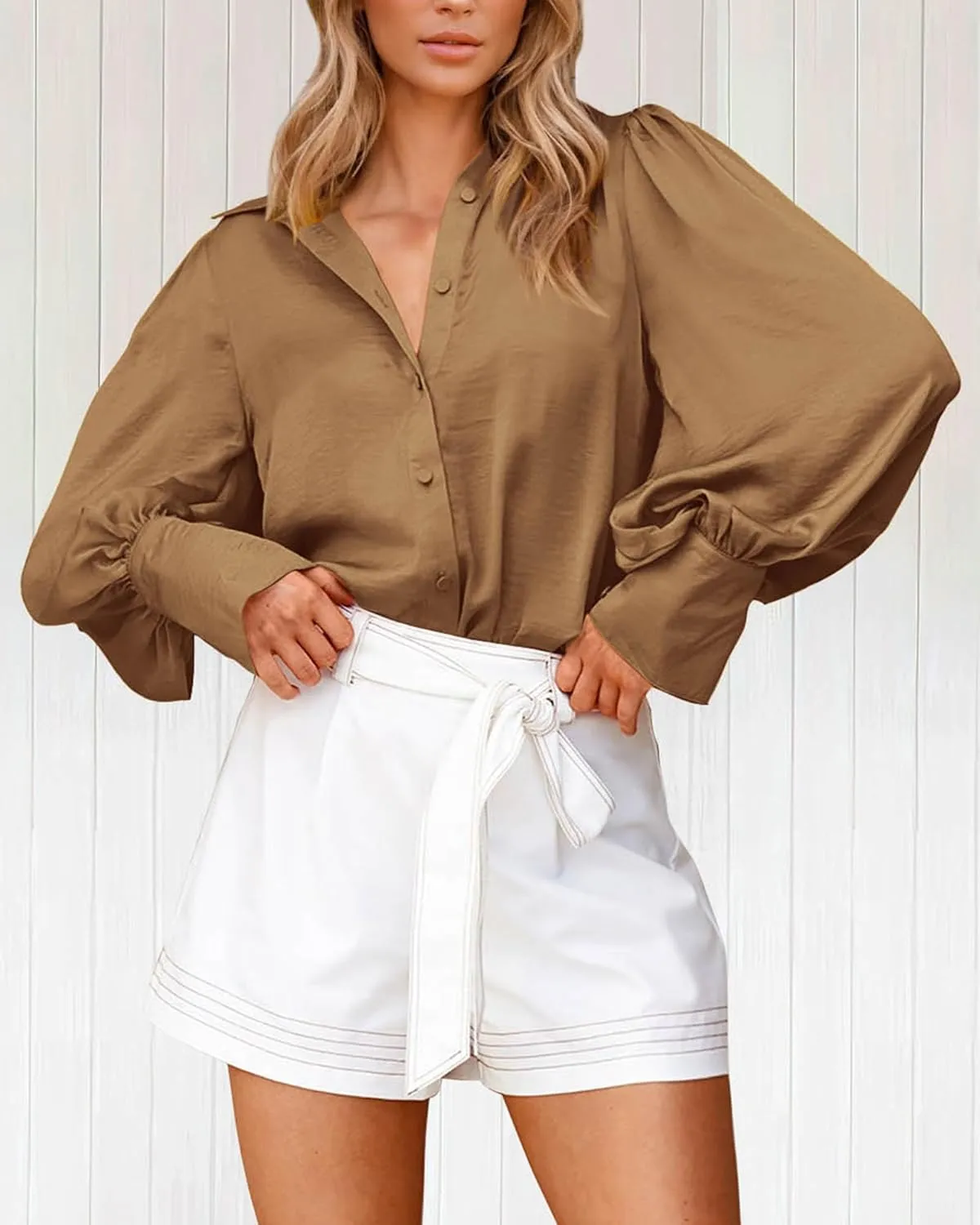 BTFBM Women Satin Button Down Shirts Summer Spring Lantern Long Sleeve Lapel V Neck Blouse Loose Casual Office Work Tops