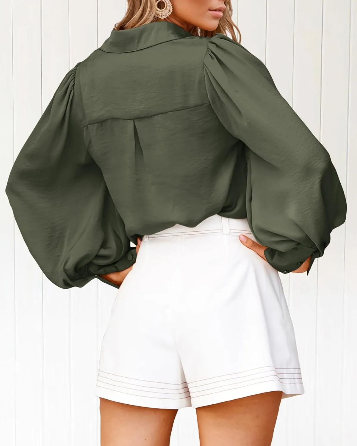 BTFBM Women Satin Button Down Shirts Summer Spring Lantern Long Sleeve Lapel V Neck Blouse Loose Casual Office Work Tops