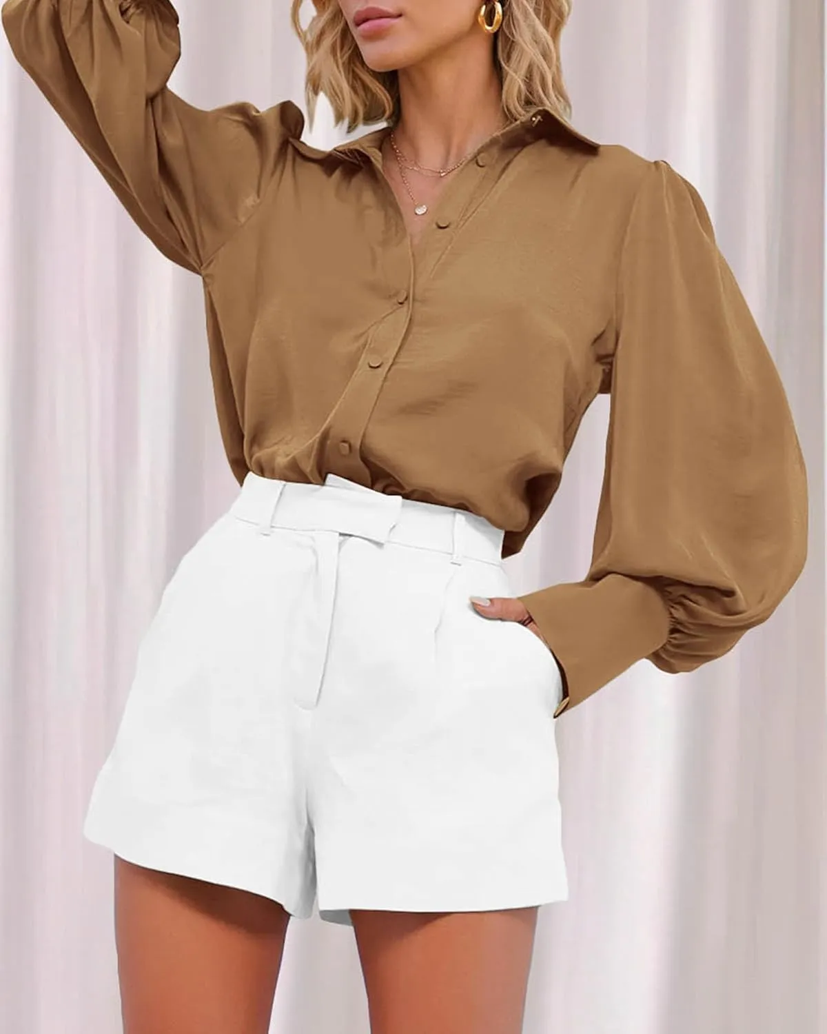 BTFBM Women Satin Button Down Shirts Summer Spring Lantern Long Sleeve Lapel V Neck Blouse Loose Casual Office Work Tops
