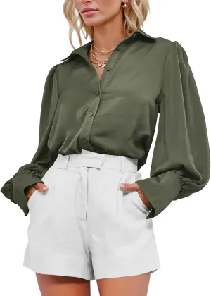 BTFBM Women Satin Button Down Shirts Summer Spring Lantern Long Sleeve Lapel V Neck Blouse Loose Casual Office Work Tops