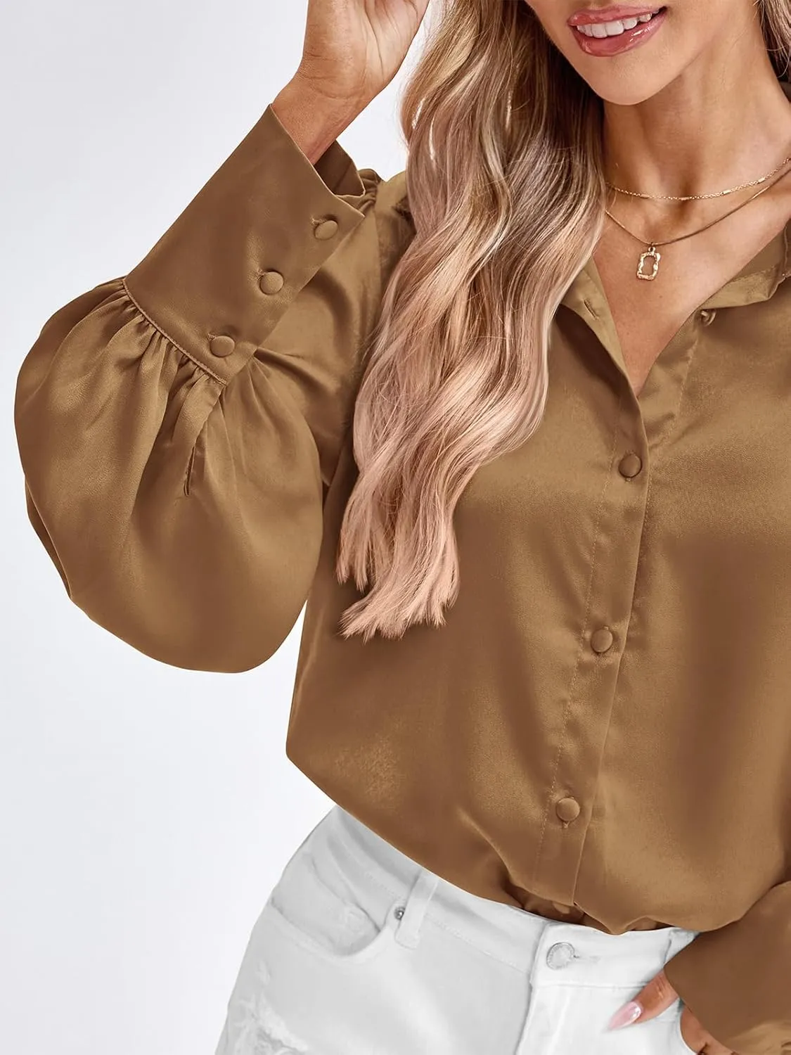 BTFBM Women Satin Button Down Shirts Summer Spring Lantern Long Sleeve Lapel V Neck Blouse Loose Casual Office Work Tops
