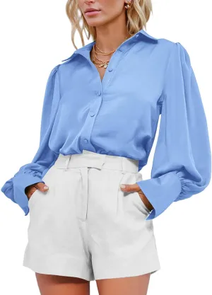 BTFBM Women Satin Button Down Shirts Summer Spring Lantern Long Sleeve Lapel V Neck Blouse Loose Casual Office Work Tops