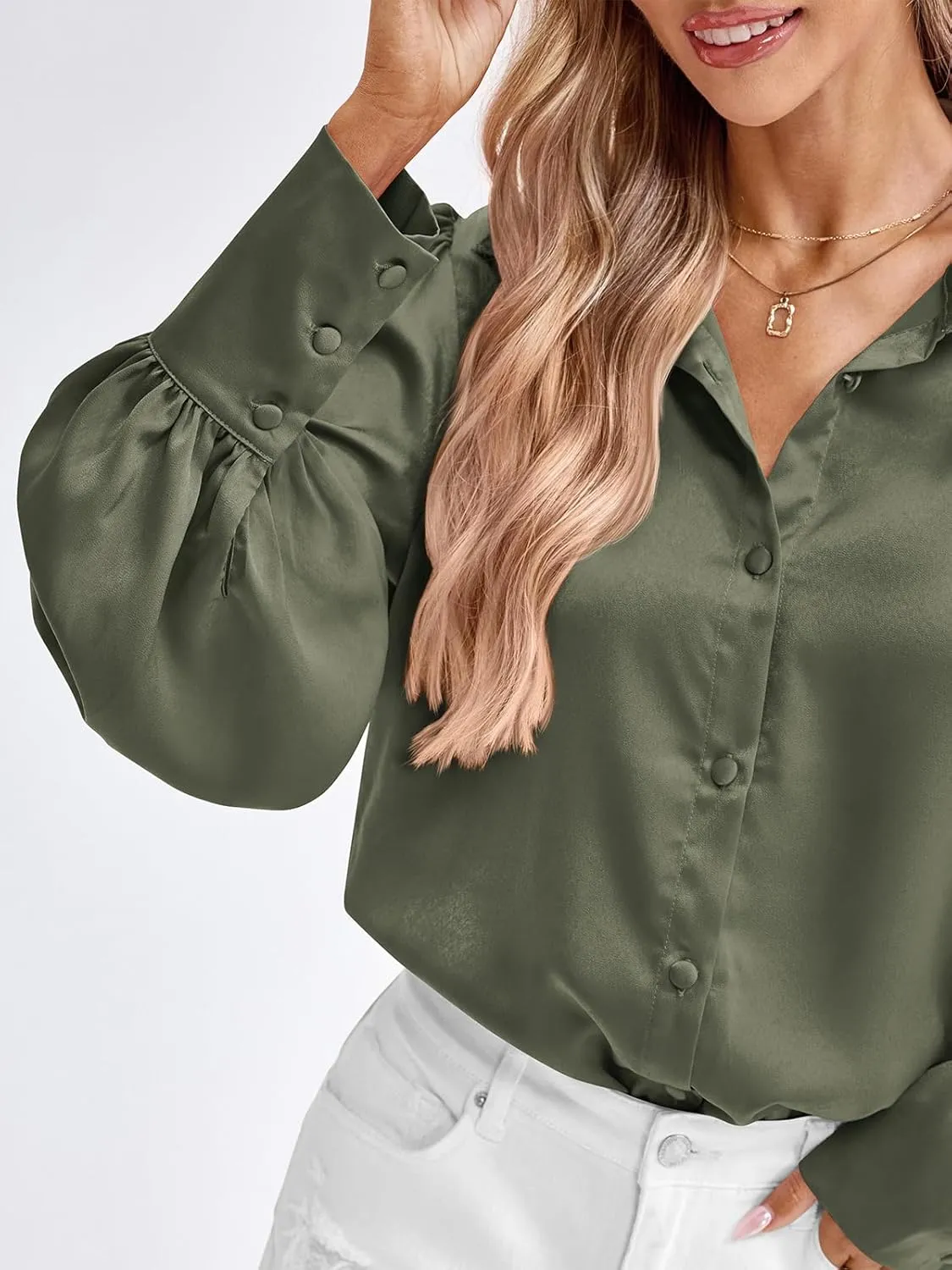 BTFBM Women Satin Button Down Shirts Summer Spring Lantern Long Sleeve Lapel V Neck Blouse Loose Casual Office Work Tops