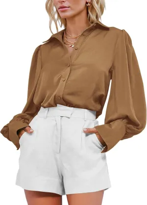 BTFBM Women Satin Button Down Shirts Summer Spring Lantern Long Sleeve Lapel V Neck Blouse Loose Casual Office Work Tops