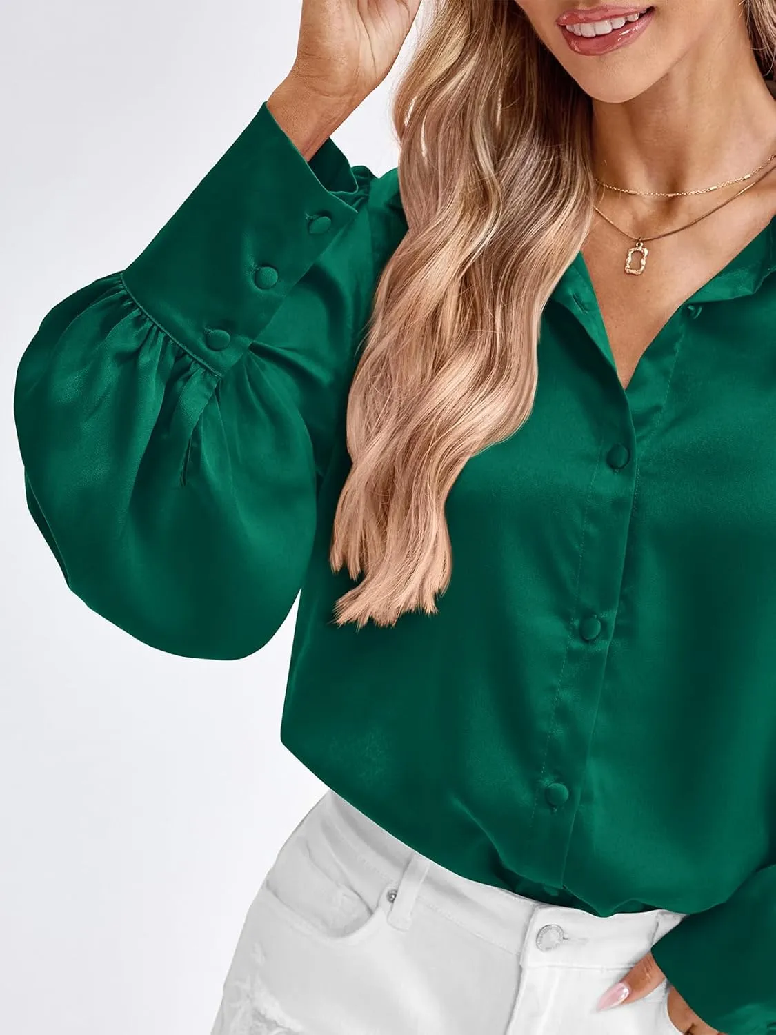 BTFBM Women Satin Button Down Shirts Summer Spring Lantern Long Sleeve Lapel V Neck Blouse Loose Casual Office Work Tops