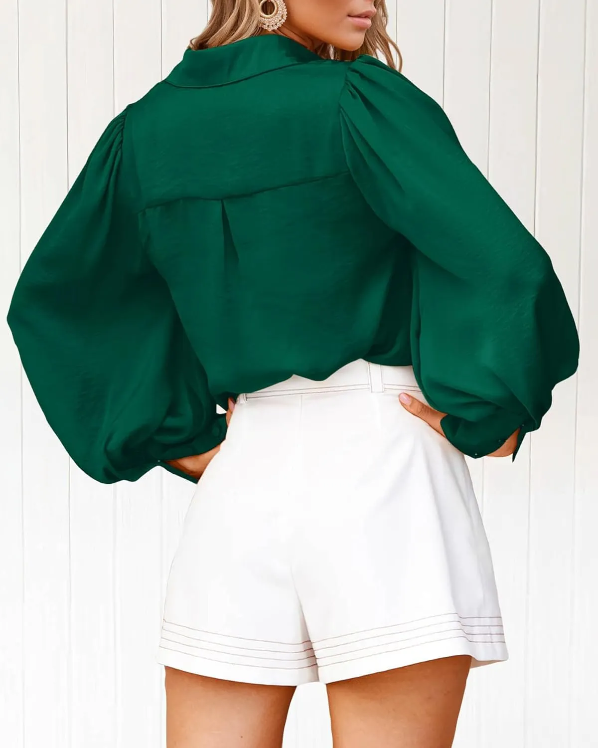 BTFBM Women Satin Button Down Shirts Summer Spring Lantern Long Sleeve Lapel V Neck Blouse Loose Casual Office Work Tops