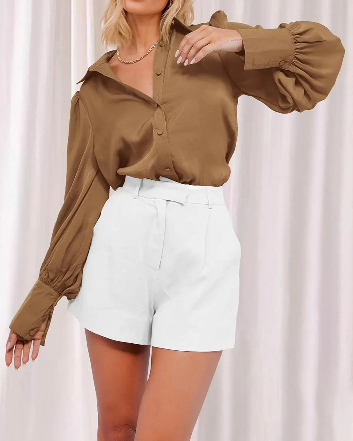 BTFBM Women Satin Button Down Shirts Summer Spring Lantern Long Sleeve Lapel V Neck Blouse Loose Casual Office Work Tops