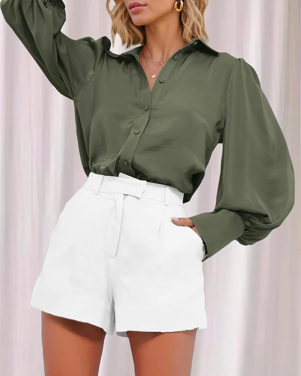 BTFBM Women Satin Button Down Shirts Summer Spring Lantern Long Sleeve Lapel V Neck Blouse Loose Casual Office Work Tops