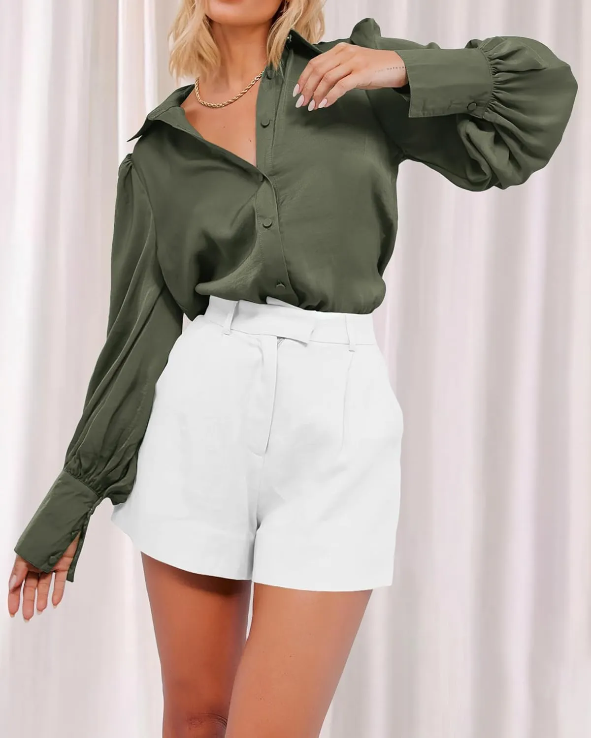 BTFBM Women Satin Button Down Shirts Summer Spring Lantern Long Sleeve Lapel V Neck Blouse Loose Casual Office Work Tops