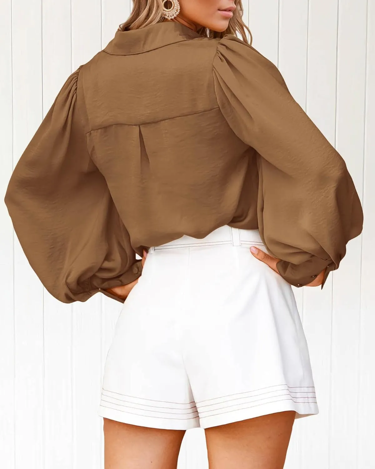 BTFBM Women Satin Button Down Shirts Summer Spring Lantern Long Sleeve Lapel V Neck Blouse Loose Casual Office Work Tops