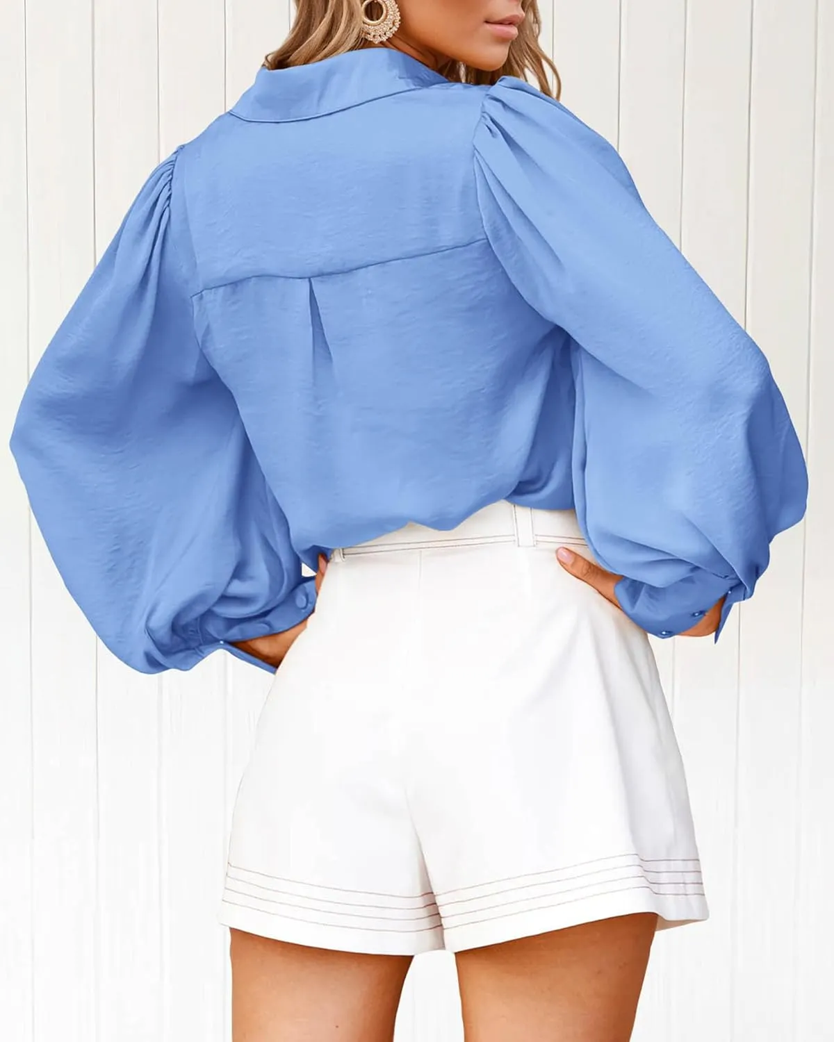 BTFBM Women Satin Button Down Shirts Summer Spring Lantern Long Sleeve Lapel V Neck Blouse Loose Casual Office Work Tops