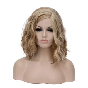 BUFASHION 14" Women Short Blonde Brown Kinky Straight Cosplay Synthetic Wigs With Air Bangs 46 Colors Available (Blonde Brown)
