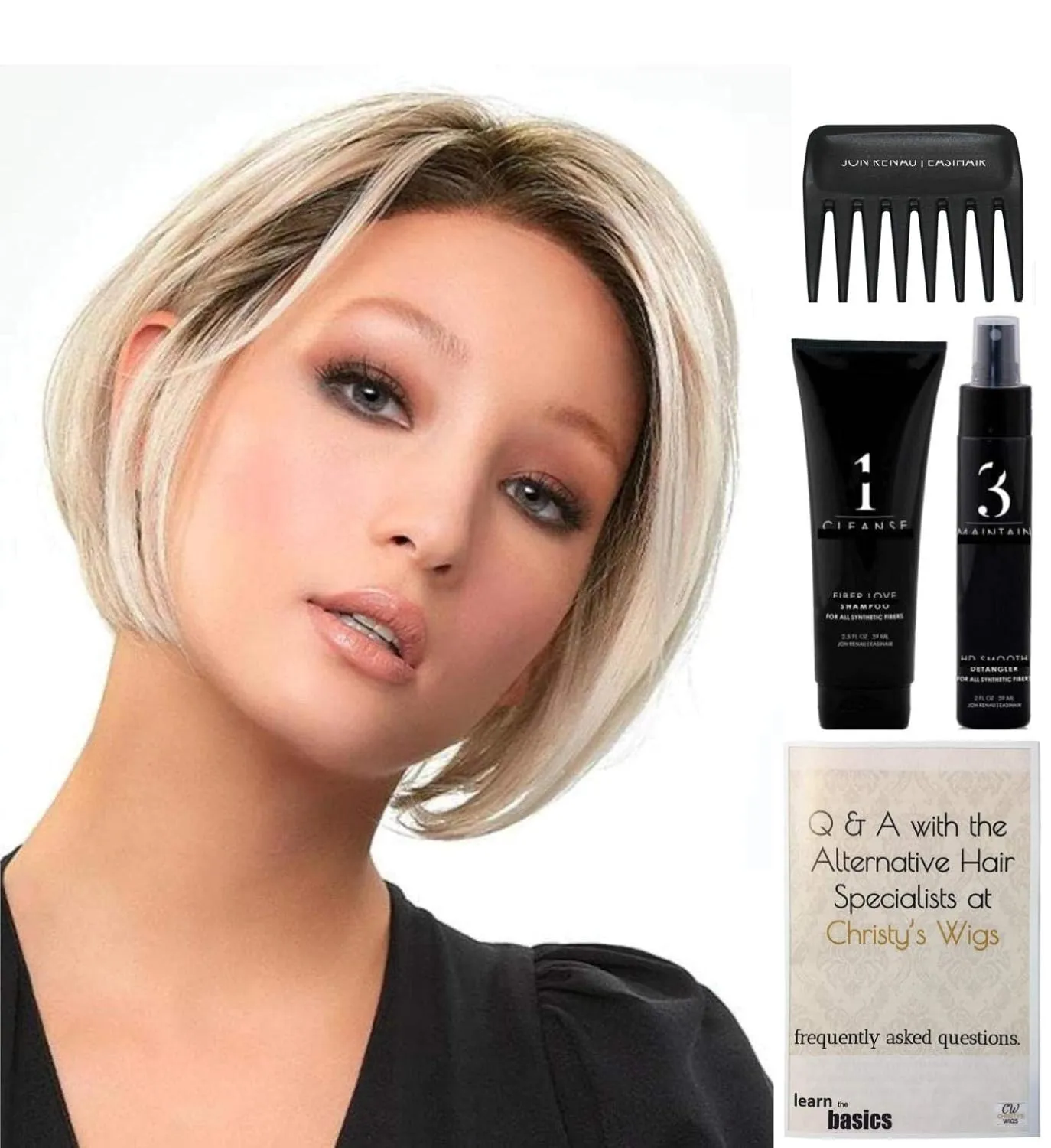Bundle - 5 item: Ignite Petite Wig by Jon Renau, Christy's Wigs Q & A Booklet, 2oz Travel Size Wig Shampoo, HD Smooth and Wide Tooth Comb - Color: 14/26S10