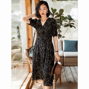 Button Front Silk Floral Print Dress Ladies Summer Chic Silk Dresses