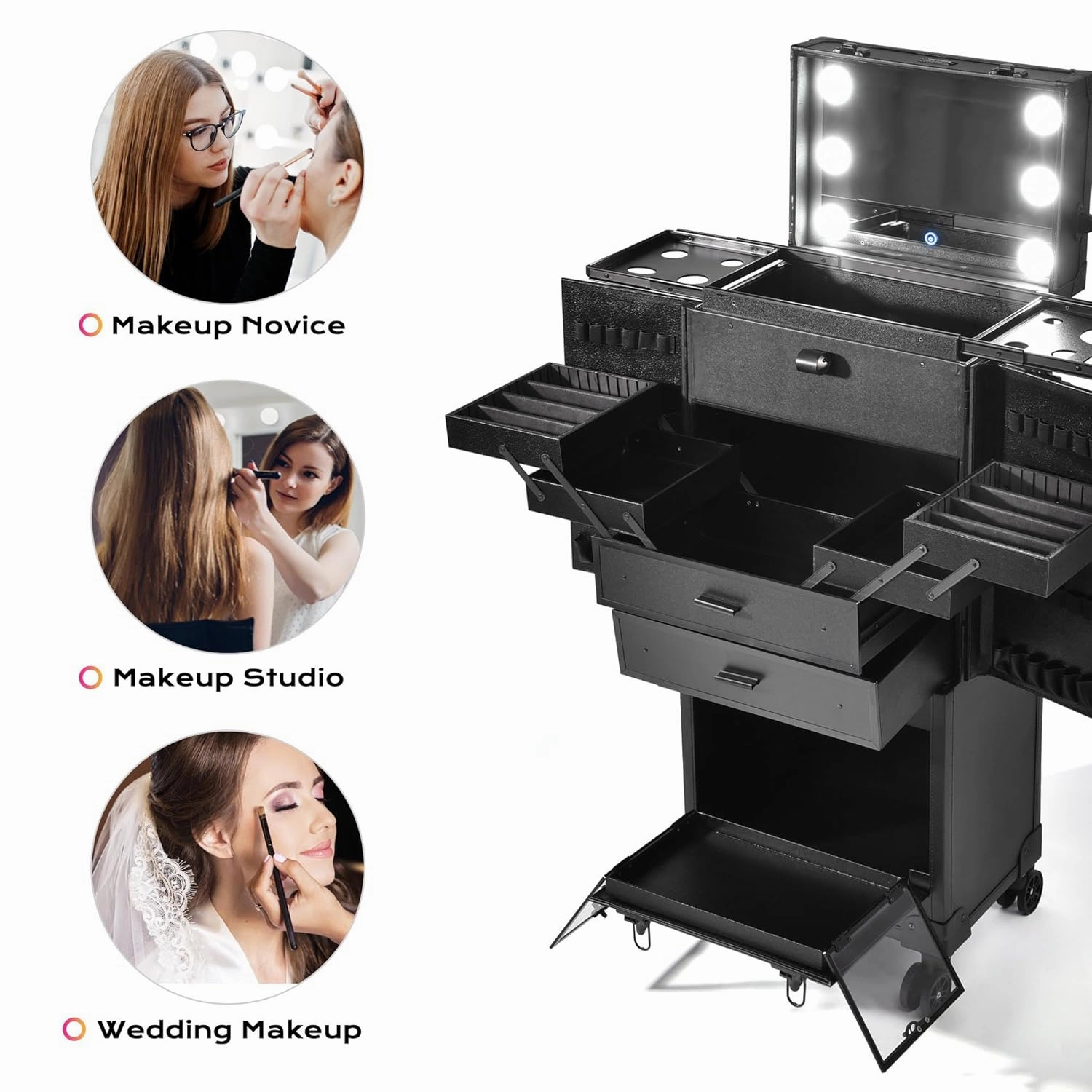 BYOOTIQUE Black Rolling Makeup Case Trolley Lockable with Mirror Light Pro Large Cosmetic for Artists Hair Stylist Barber Organized