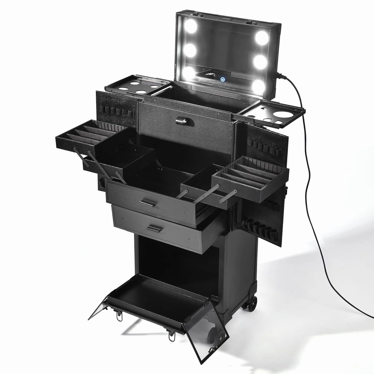 BYOOTIQUE Black Rolling Makeup Case Trolley Lockable with Mirror Light Pro Large Cosmetic for Artists Hair Stylist Barber Organized