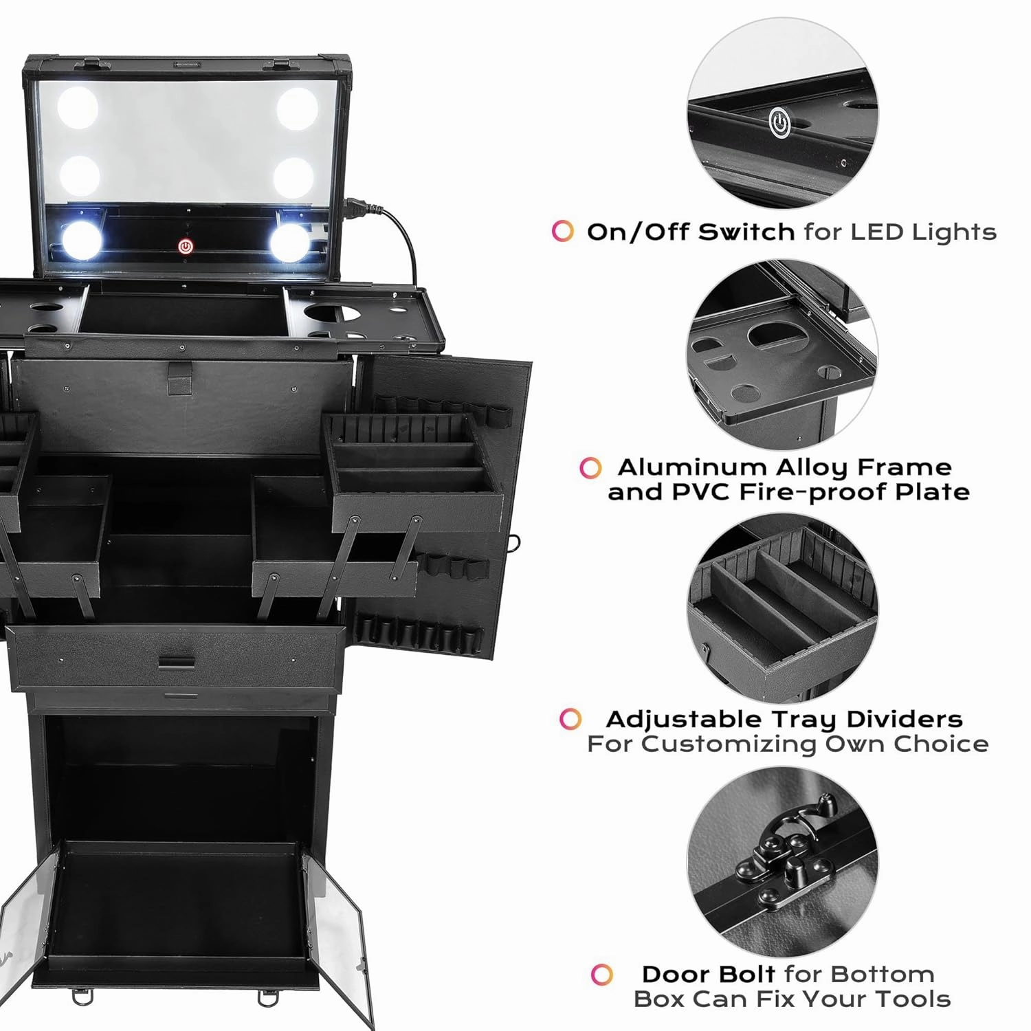 BYOOTIQUE Black Rolling Makeup Case Trolley Lockable with Mirror Light Pro Large Cosmetic for Artists Hair Stylist Barber Organized