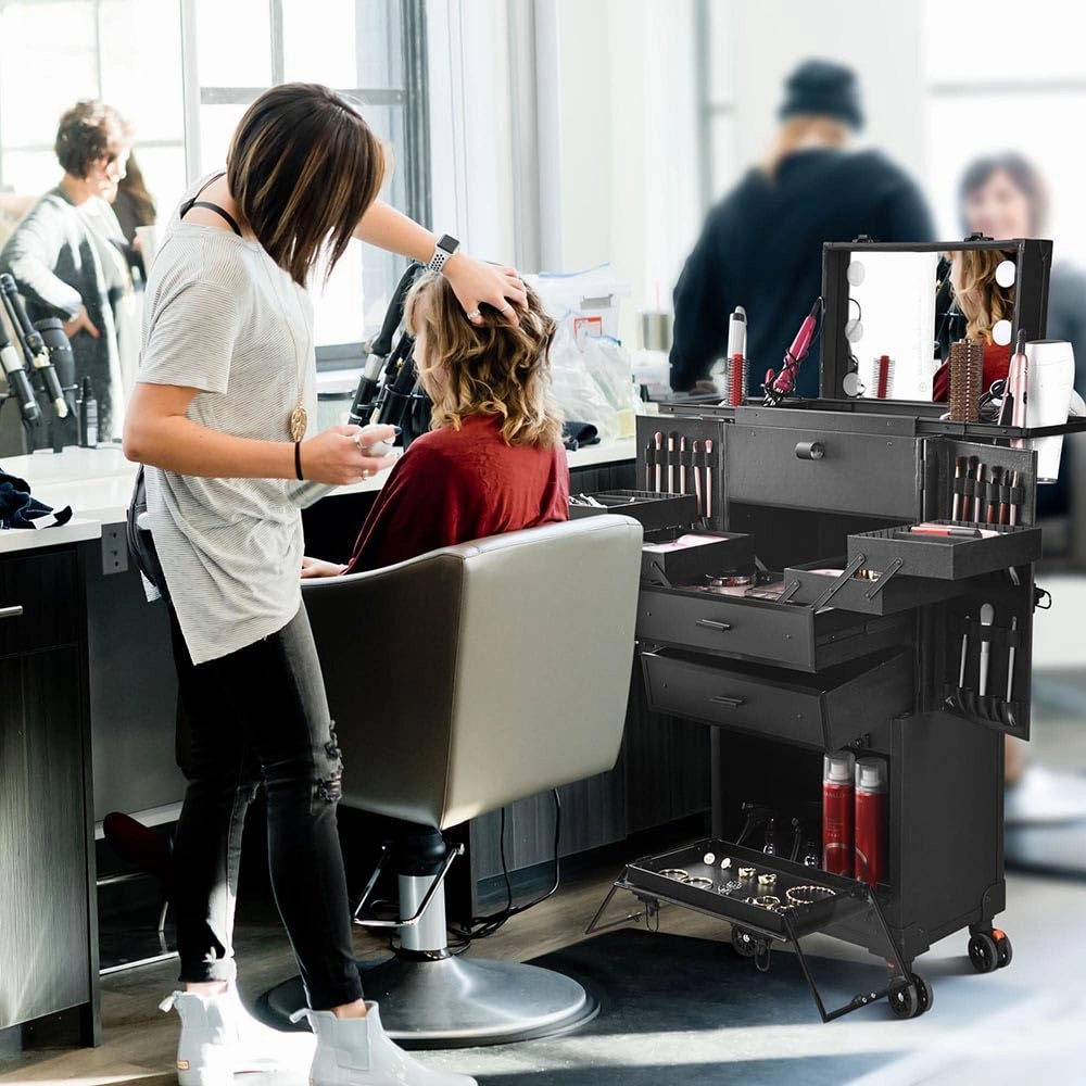 BYOOTIQUE Black Rolling Makeup Case Trolley Lockable with Mirror Light Pro Large Cosmetic for Artists Hair Stylist Barber Organized