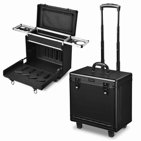 BYOOTIQUE Hairstylist Rolling Makeup Train Case 15x9x16" Large Storage Lockable Cosmetic Trolley with Hair Dryer Holder PVC Barber Hair Salon Clipper Trimmer Tool Appliance Box Black