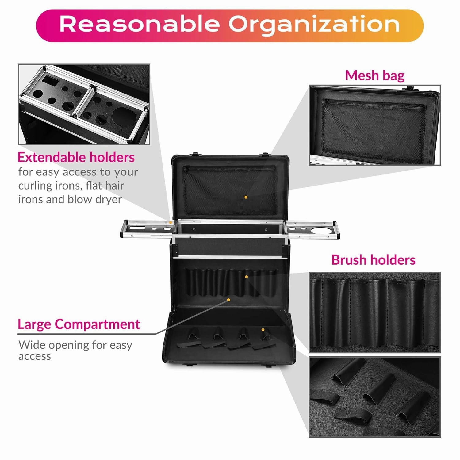 BYOOTIQUE Hairstylist Rolling Makeup Train Case 15x9x16" Large Storage Lockable Cosmetic Trolley with Hair Dryer Holder PVC Barber Hair Salon Clipper Trimmer Tool Appliance Box Black