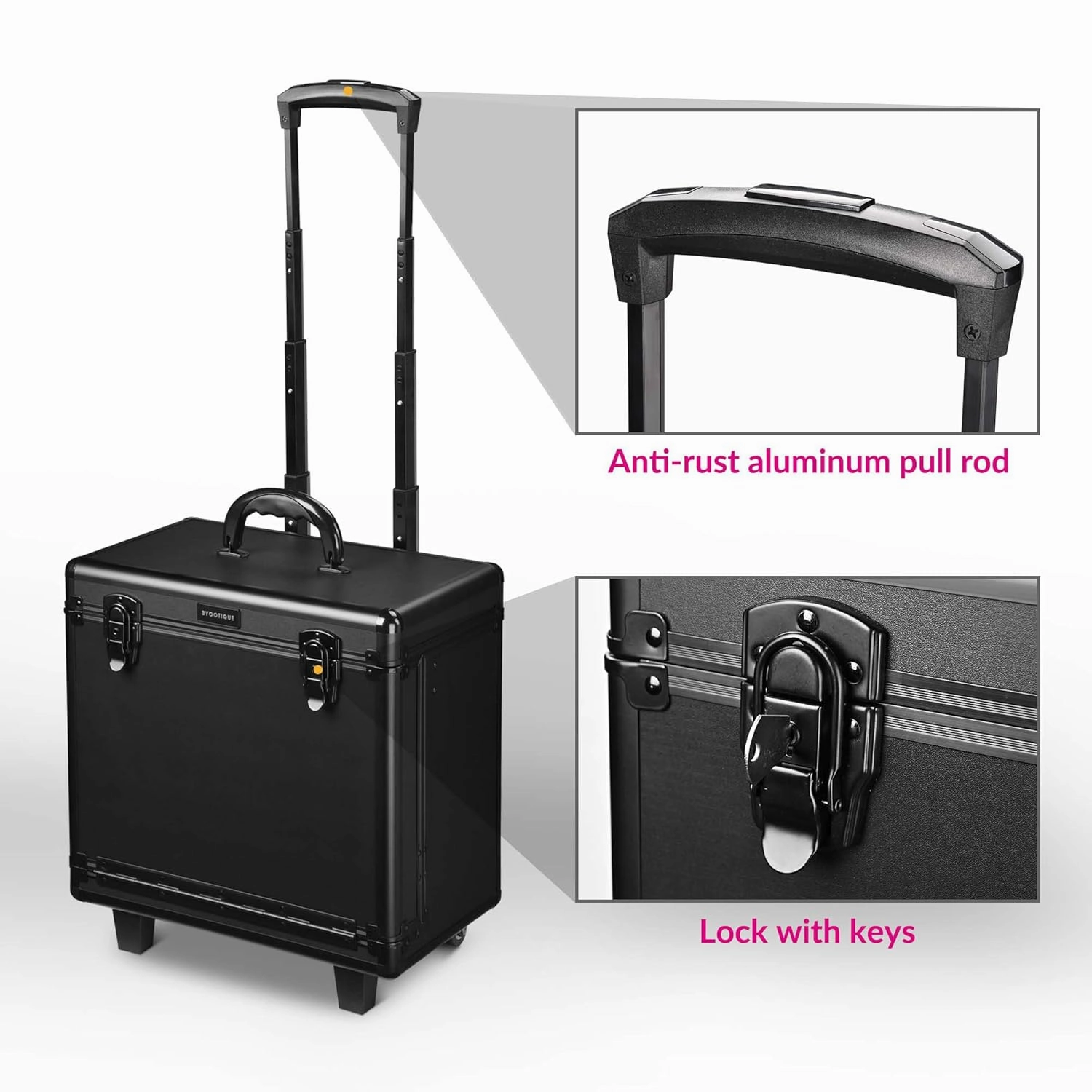 BYOOTIQUE Hairstylist Rolling Makeup Train Case 15x9x16" Large Storage Lockable Cosmetic Trolley with Hair Dryer Holder PVC Barber Hair Salon Clipper Trimmer Tool Appliance Box Black