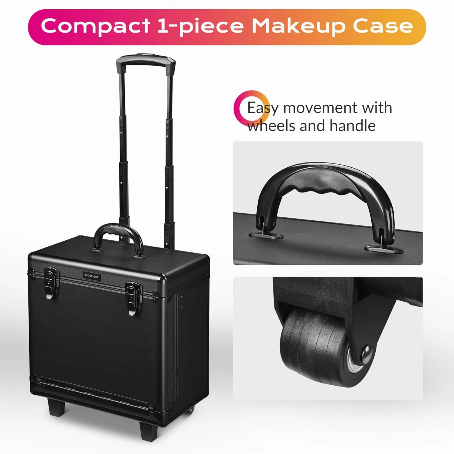 BYOOTIQUE Hairstylist Rolling Makeup Train Case 15x9x16" Large Storage Lockable Cosmetic Trolley with Hair Dryer Holder PVC Barber Hair Salon Clipper Trimmer Tool Appliance Box Black