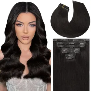 Caliee 18Inch Clip in Hair Extensions Real Human Hair Color 1B Natural Black Double Weft PU Clip in Hair Extensions Straight Soft Natural Hair Clip in Hair Extensions for Woman 7Pcs 110Gram