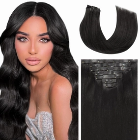Caliee 18Inch Jet Black Seamless Human Hair Extensions Ultra Invisible Skin Weft Clip ins 7Pcs 110Gram Black Hair Extensions Remy Human Hair Full Head PU Clip on Straight Hair Extensions