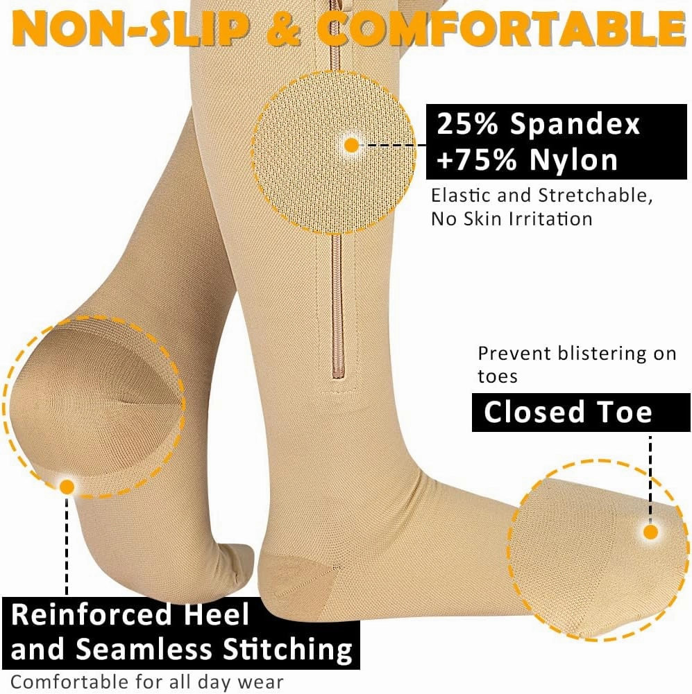 CASMON 15-20mmHg Zipper Compression Socks for Women and Men, Knee High Compression Stockings, Medical Closed Toe Support Socks for Varicose Veins, Post-Surgery, Swelling, Nurses, Pregnancy (1 Pair)