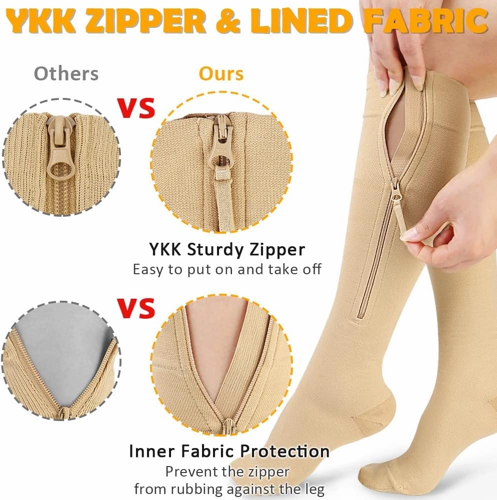 CASMON 15-20mmHg Zipper Compression Socks for Women and Men, Knee High Compression Stockings, Medical Closed Toe Support Socks for Varicose Veins, Post-Surgery, Swelling, Nurses, Pregnancy (1 Pair)