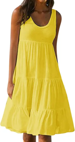 Casual Dresses for Women 2024 Elegant Smocked Tiered Ruffle Tank Dress Summer Fashion Sleeveless Beach Midi Sundress