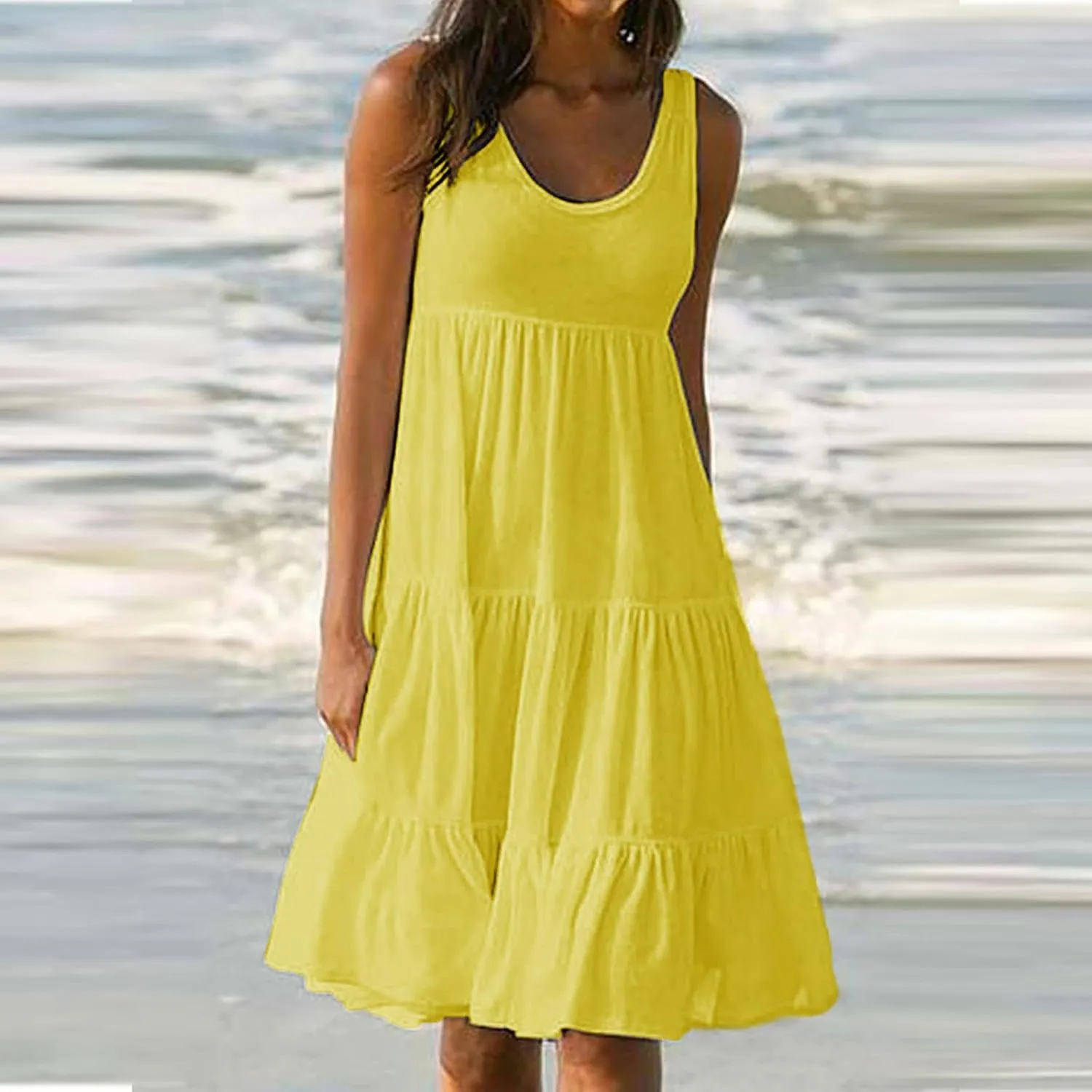 Casual Dresses for Women 2024 Elegant Smocked Tiered Ruffle Tank Dress Summer Fashion Sleeveless Beach Midi Sundress