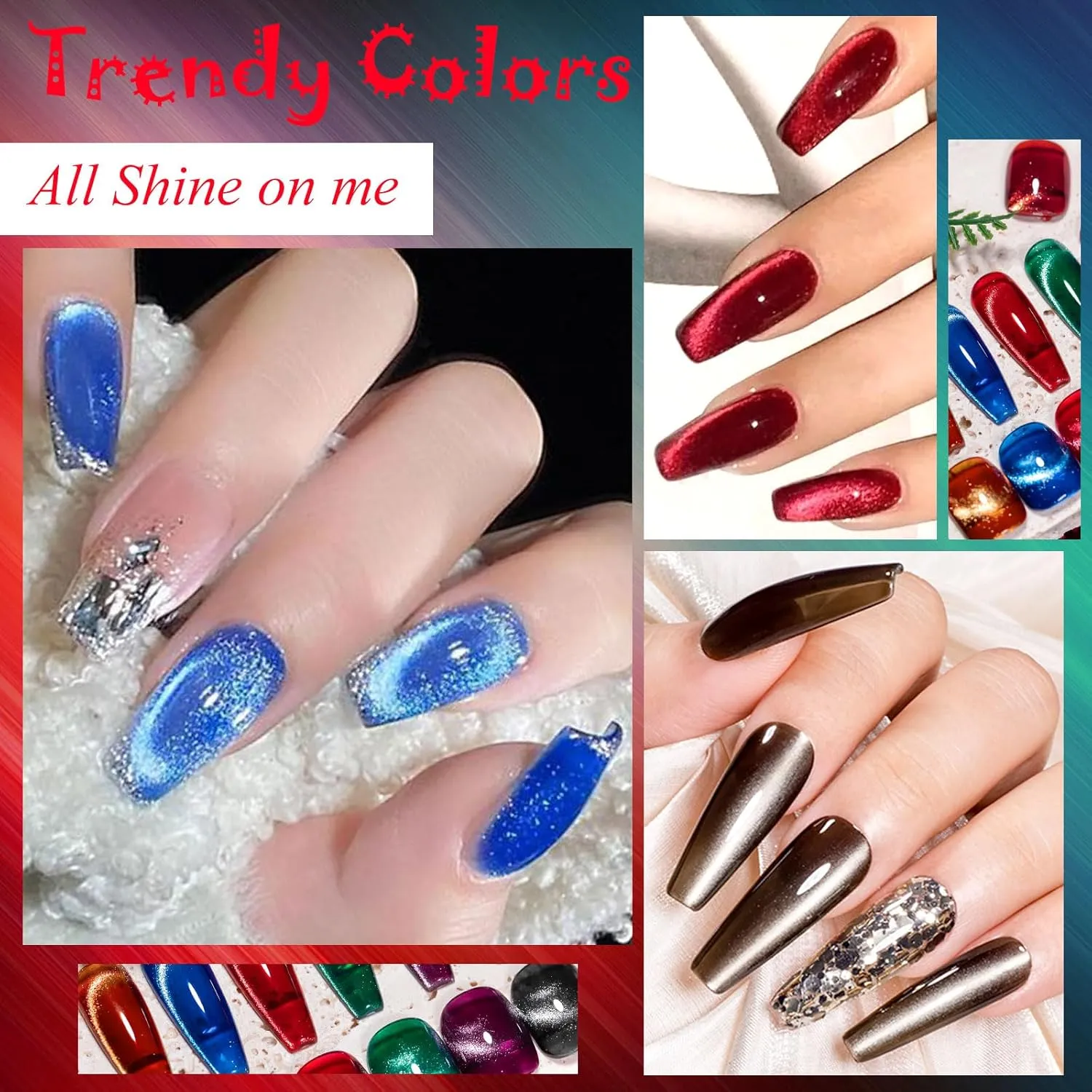 Cat Eye Gel Nail Polish Set 12 Colors Moonlight Magnetic Gel Polish with Magnet Stick, Glass Effect Shimmer Pink Green Blue Red Colors Nail Gel Soak Off UV Nail Gel Salon Home Gift for Women