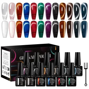 Cat Eye Gel Nail Polish Set 12 Colors Moonlight Magnetic Gel Polish with Magnet Stick, Glass Effect Shimmer Pink Green Blue Red Colors Nail Gel Soak Off UV Nail Gel Salon Home Gift for Women
