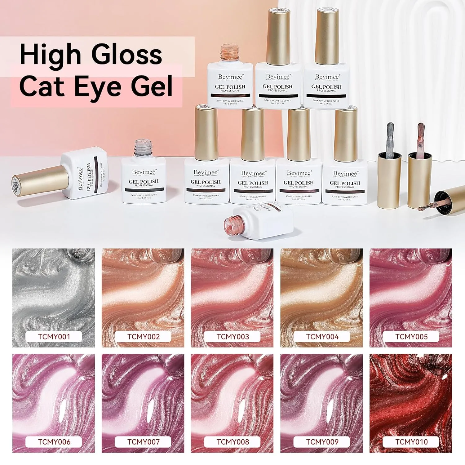 Cateye Gel Polish Set With Magnet, Pink Purple Red 10 Colors Jelly Magnetic Nail Polish Moonlight, Holographic Glass Shimmer Glitter Soak Off UV Gel Salon DIY At Home, 8ml