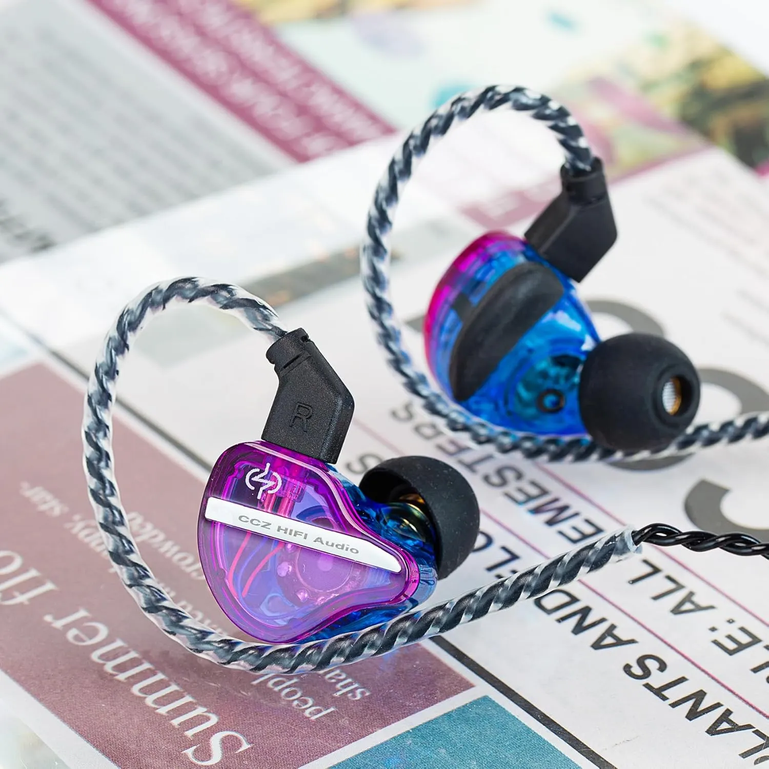 CCZ DC01 Pro in Ear Monitor, iems for Gaming, Professional Gaming Earbuds Super Bass Wired Earphone Headphones with 1DD, Patent Ear fins, Patent Ear tips, for Singer Musician (Purple-Blue without mic)