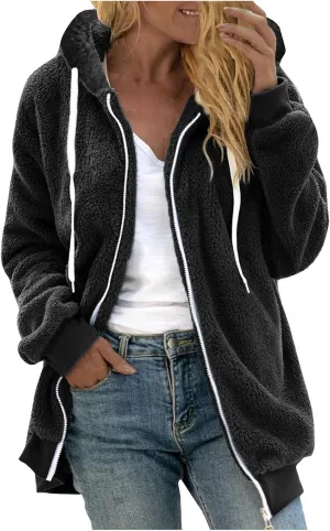 Ceboyel Teddy Coat For Women Hooded Fuzzy Sherpa Jacket Fleece Drawstring Zip Up Hoodie 2023 Trendy Winter Outerwear Clothes