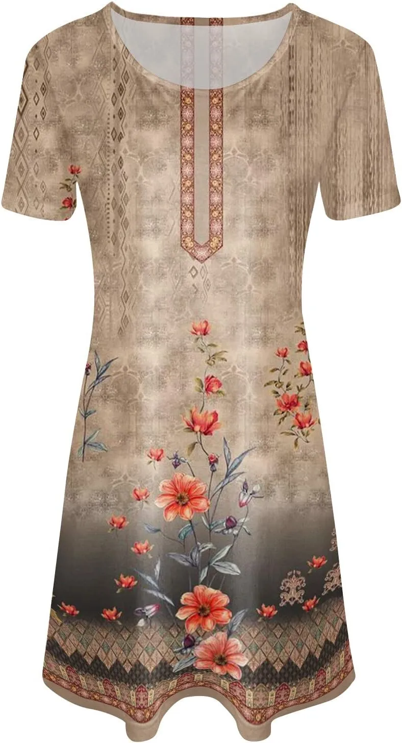 Ceboyel Womens Floral Vintage Dresses Short Sleeve Petite Dress Dressy Summer Casual Dresses Bohemian Clothes 2023
