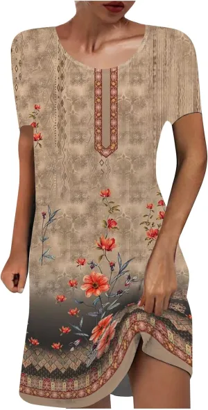 Ceboyel Womens Floral Vintage Dresses Short Sleeve Petite Dress Dressy Summer Casual Dresses Bohemian Clothes 2023