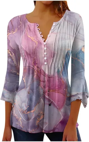 Ceboyel Womens Summer Tops 2023 Floral Button Down Tunic Shirts 3/4 Sleeve Tops Blouse Trendy Dressy Casual Ladies Clothes