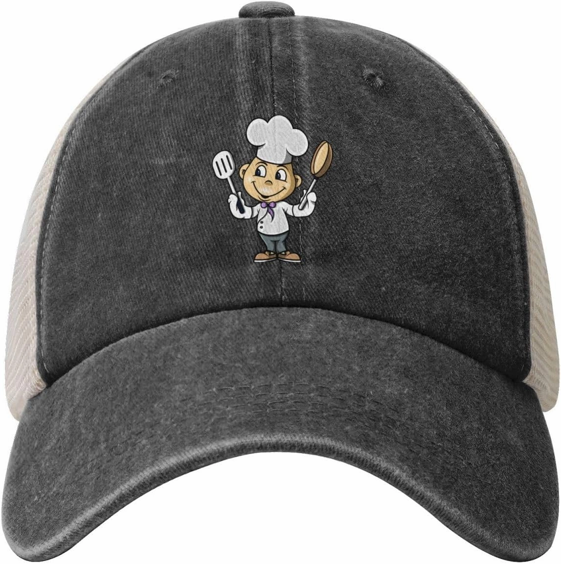 Chef with Spatula and Frying Pan Baseball Cap Women Men Mesh Back Denim Hat Vintage Trucker Hats Dad Caps