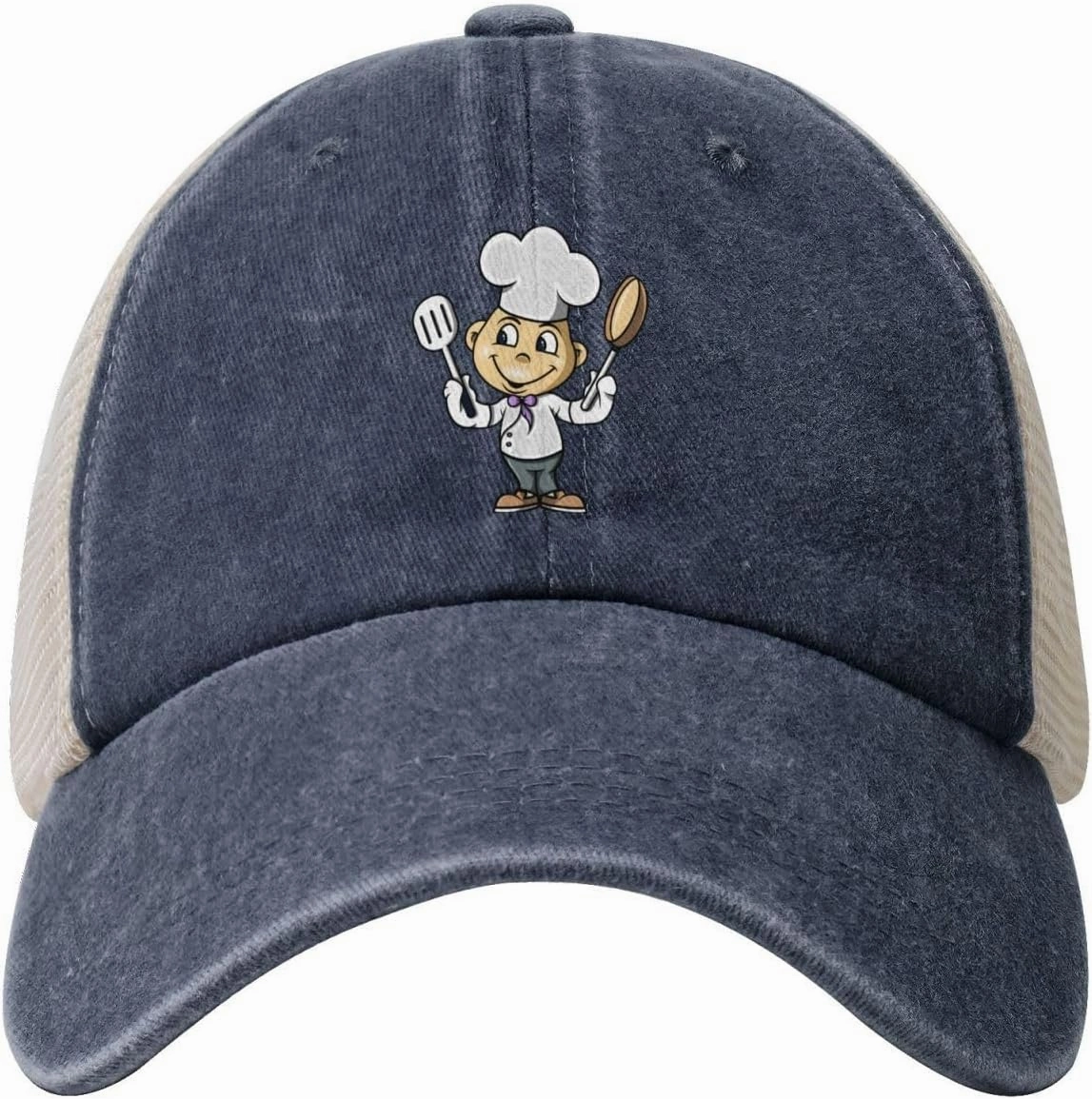 Chef with Spatula and Frying Pan Baseball Cap Women Men Mesh Back Denim Hat Vintage Trucker Hats Dad Caps