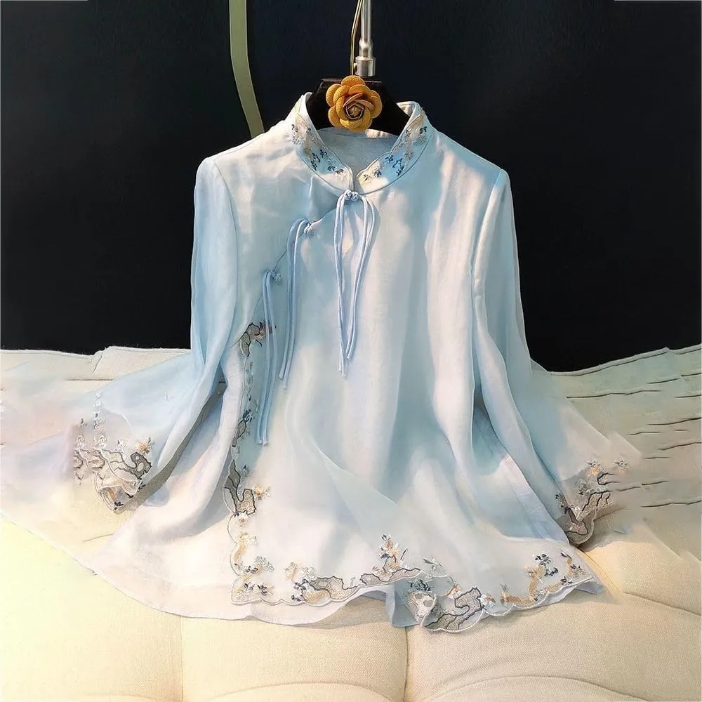 Chinese Style Womens Embroidered Short top Spring Retro Platter Buttonup Shirt Hanfu